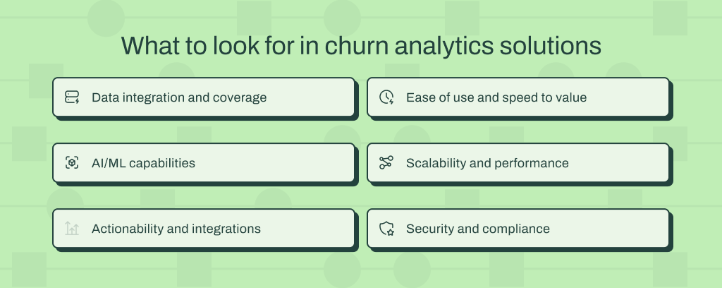 List of things to consider when choosing churn analytics solutions.